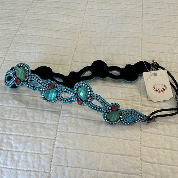 Y2K Beaded Turquoise Crystal Headband Boho Festival Fairycore Statement Hair - Picture 4 of 6